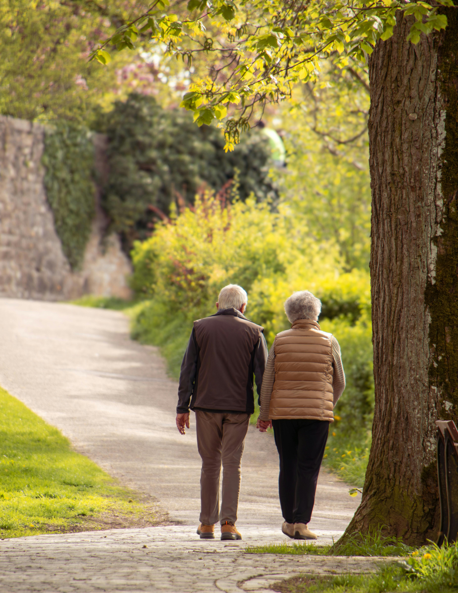 Elderly couple walking hand in hand outdoors